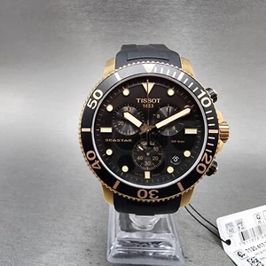 Reloj Tissot Seastar Cronógrafo Hombre 45mm Esfera Negra Tono Oro Rosa Fecha Funciona - Imagen 1 de 13