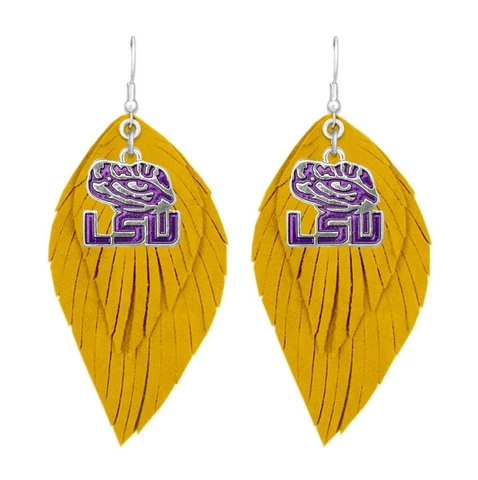 LSU Tigers Yellow Purple Boho Leather Feather Wire Hook Earrings Jewelry Gift Cover