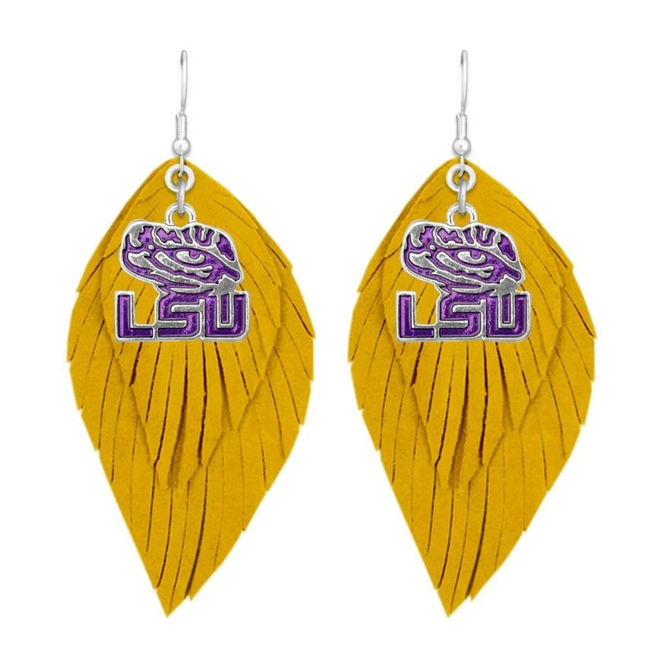 LSU Tigers Yellow Purple Boho Leather Feather Wire Hook Earrings Jewelry Gift - Image 1 of 1