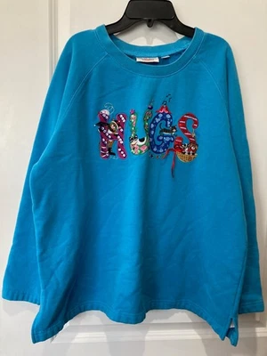 Quacker Factory Blue Long Sleeve Cat Hugs Embroidered Sweatshirt Women XL - Image 1 of 4