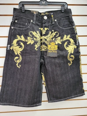 复古皇家军队牛仔短裤 34x14.5 金色哥特滑板嘻哈 Y2K — 第 1/4 张图片