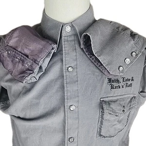 Fender Guitars XL Long Sleeve Pearl Snap Shirt Flip Cuffs Embroidered Gray - Picture 1 of 16