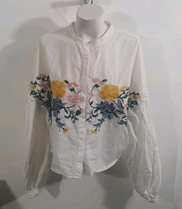 Zara Trafaluc White Cotton Floral Embroidered Shirt Sz XL - Picture 1 of 7