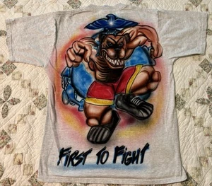 Vintage 90s USMC US MARINE CORPS First To Fight Airbrushed Bulldog Shirt Large - Picture 1 of 3