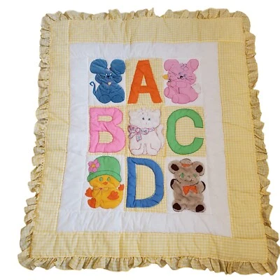 Edredón tapiz vintage ABC Animal Nany tapiz amarillo a cuadros colgante de pared 44 X 51 Foto 1 de 4