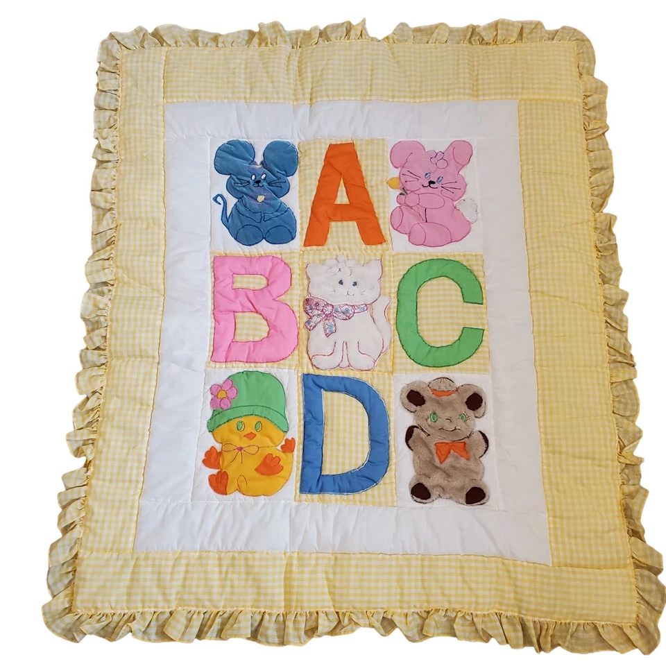 Edredón tapiz vintage ABC Animal Nany tapiz amarillo a cuadros colgante de pared 44 X 51 Foto 1 de 4