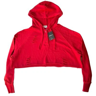 FOREVER 21 Women’s Long Sleeve Ripped Hoodie Crop Sweatshirt size M, Solid Red - Image 1 of 4