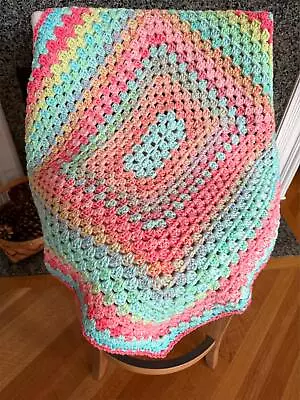 Crochet Granny Rectangle Blanket Afghan Wrap Bulky Chunky Baby Rainbow 33"x 29" - Image 1 of 3