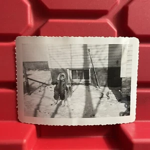 Young Boy Playing In The Snow Outside 4 1/2 x 3 1/8 Photograph Pre Owned 1950s - Picture 1 of 2