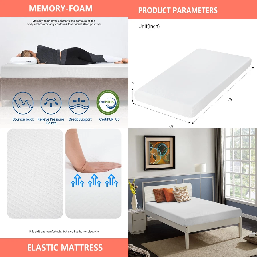 FDW | 5 Inch Twin Mattress | Medium Firm | Gel Memory Foam Mattress | White | Be
