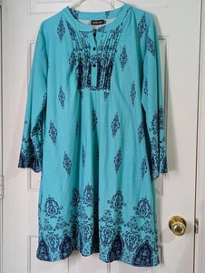 Neu mit Etikett Reborn Tunika Kleid Damen Plus 3XL türkis marineblau Damast 3/4-Ärmel Boho Stretch - Bild 1 von 8