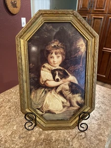 Vintage Gold Holz gerahmt Achteck geformt Kunstdruck Mädchen mit Hund 8,5"x13,5" ITALIEN - Bild 1 von 16