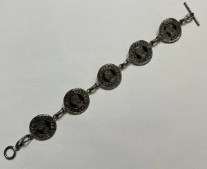 Vintage 925 Sterling Silver Mayan Aztec Coin Black Enamel Link Bracelet 6.5" - Picture 1 of 9