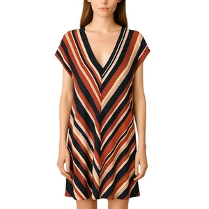 MNG Mango Multicolor Striped Short Drop Sleeve V Neck A Line Mini Day Dress Sz L - Imagen 1 de 6