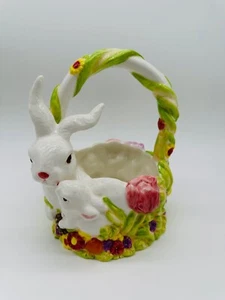 Palm Tree Co. Ceramic Easter Basket 2 Bunny Rabbits, Flowers Tulips 8.5" - Picture 1 of 6