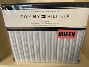 TOMMY HILFIGER Queen Size Sheet Set Easy Care Blue White Striped 4 Pc Set NEW - Picture 1 of 6