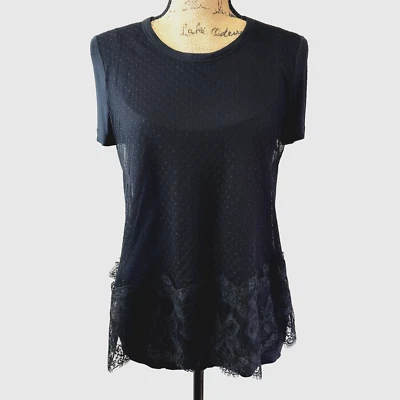 RED VALENTINO Camiseta Negra Blusa Top Con Superposición de Encaje Espalda Dividida con Corbatas Talla M Foto 1 de 4