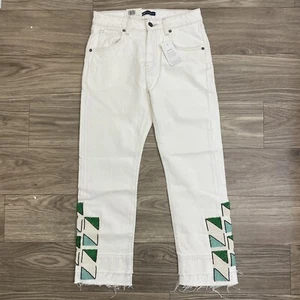 Levi's Made & Crafted White Hand Beaded Slim Crop Jeans sz 26 Raw Hem Denim Y2K - Picture 1 of 12