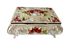 Trinket Jewelry Box Cream with Red Roses Silver Accents Metal Footed Hinged