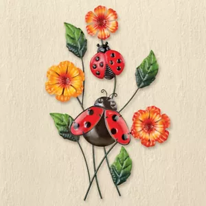 Colorful Ladybug Floral Wall Art 3-D Hanging Metal Indoor Outdoor Home Art Decor - Picture 1 of 3