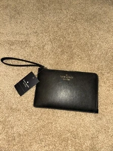 NWT Kate Spade Staci Medium Wristlet Leather Wallet Black Gold Hardware Logo - Picture 1 of 13