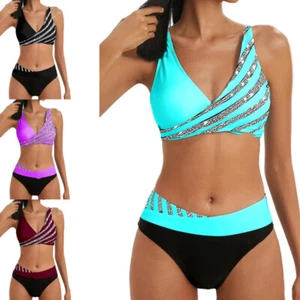 Bikini Set Strandkleidung Gepolstert Summer Damen Gestreift Badeanzug Bademode - Picture 1 of 14