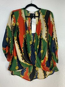 LUSH Blouse Womens Small Crossover Print Twist High/Low Hem Color Block Chain 