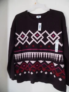 Old Navy Womens XL Wine Fair Isle Nordic Print Batwing Slv Crewneck Sweater NWT - Picture 1 of 3