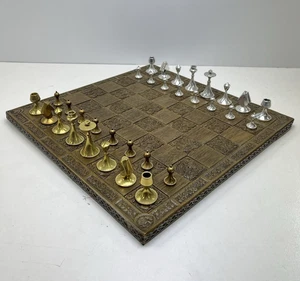 Vintage Brass & Silver Tone Metal Chess Set – Ornate Embossed Board 45x45cm #254 - Picture 1 of 12