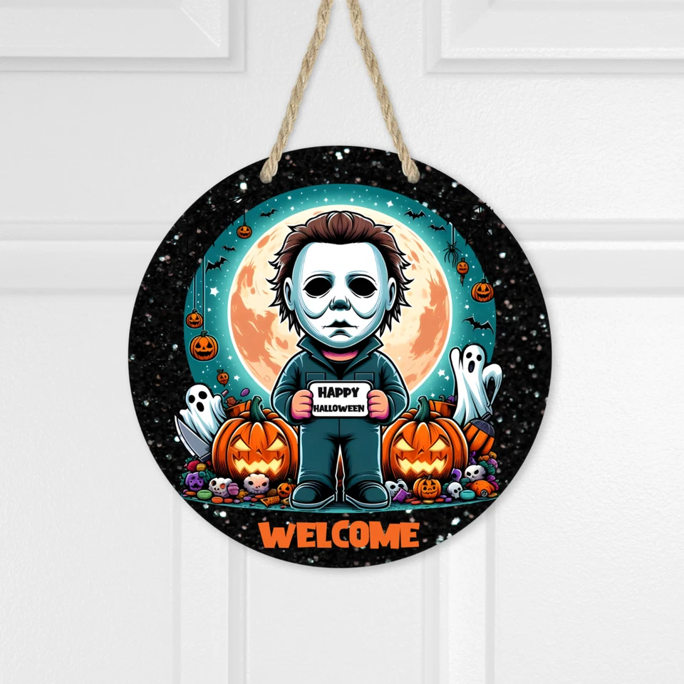 Letrero de puerta redondo de metal negro Michael Myers inspirado en Halloween Welcome de 10" Foto 1 de 1