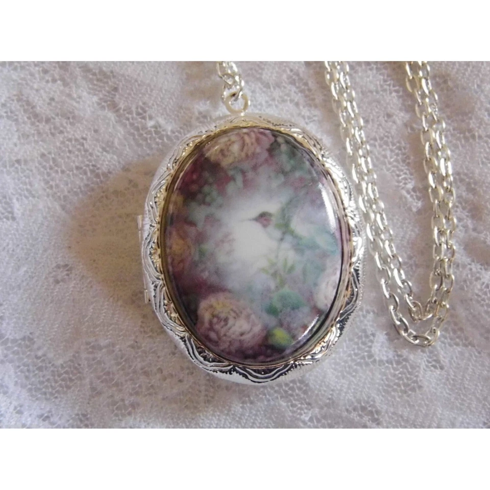 Hummingbird Rose Locket Antique Silver Necklace Porcelain Cameo Memory PHOTO - Image 1 of 4
