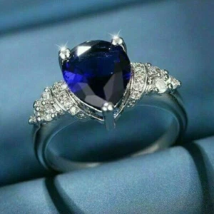 3.20Ct Blue Pear Sapphire Diamond Bridal Wedding Ring 14k White Gold Over UK M-T - Picture 1 of 7