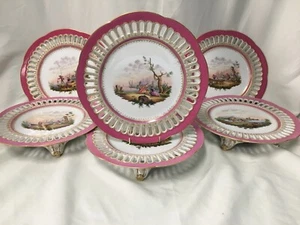 (6 Pcs) c1853-73 Fischer & Mieg Pink Scenic Reticulated TAZZA'S & CABINET PLATES - Picture 1 of 12