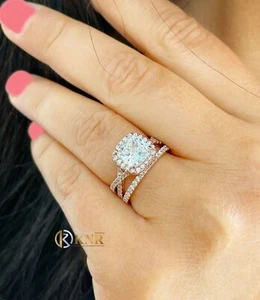 14K Rose Gold Cushion Moissanite And Natural Diamond Engagement Ring Band 3.00ct - Picture 1 of 11