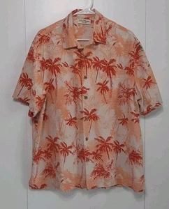 Caribbean Mens Pure Silk Hawaiian Shirt Short Sleeve Size Large Coral Palm Trees - Picture 1 of 8