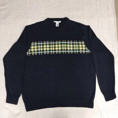 Мужской хлопковый свитер Geoffrey Beene XL темно-синий желтый зеленый в клетку в полоску классический - Изображение 1 из 4