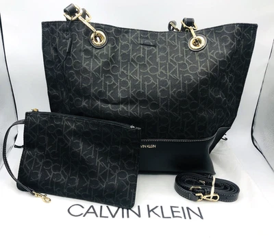 Calvin Klein Monogram Tote Bag Black Logo Canvas Lether Trim Pouch Shoulder NWOT - Image 1 of 4