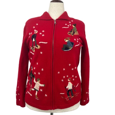 Suéter De Colección Rojo Lana Cremallera L Escena de Invierno Cárdigan Cottagecore WhimsyGoth Granny Foto 1 de 4