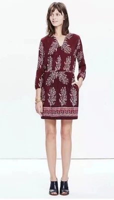 Vestido MADEWELL Talla 0 Borgoña Seda Lassi Flor Pop On Cintura Elástica Manga 3/4 Foto 1 de 4