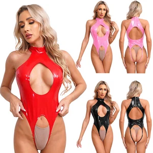 Womens Jumpsuit Patent Leather Bodysuit Wet Look Leotard Catsuit Sleepwear Sexy - Picture 1 of 33