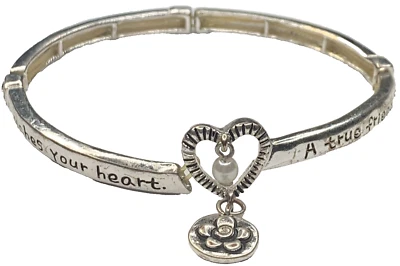 Pulsera Amistad Vintage Plateada Corazón Abierto Cuelga Perla Flor Dije Foto 1 de 4
