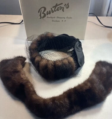 Sombrero y Cuello Mujer Vintage Pieza Piel Marrón con Red Foto 1 de 4