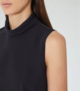 $195 Authentic Rare REISS Women's Dark Blue Mock Neck Sleeveless Top 8 - Picture 1 of 5