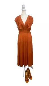 Maxi abito Tahari arancione bruciato manica corta svasata con volant nuovo con etichette - taglia L $128 - Foto 1 di 11