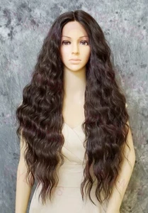 Peluca de mezcla de cabello humano marrón/auburn rizos ondulados largos de encaje frontal calor OK EVEW 4/30 - Imagen 1 de 7