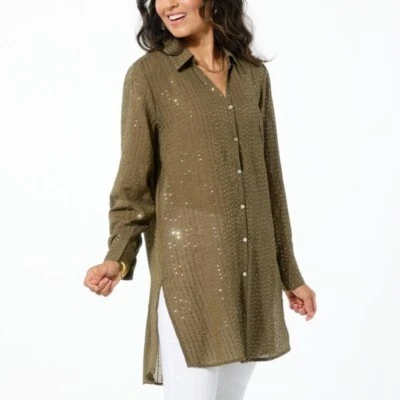 Top túnica Colleen Lopez botones delanteros lentejuelas talla grande adornada verde oliva Foto 1 de 4