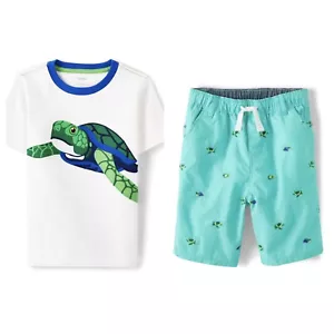 Gymboree Boys 12 Save The Seas Turtle Tee Shirt Aqua Turtle Fish Shorts Set NWT - Picture 1 of 3