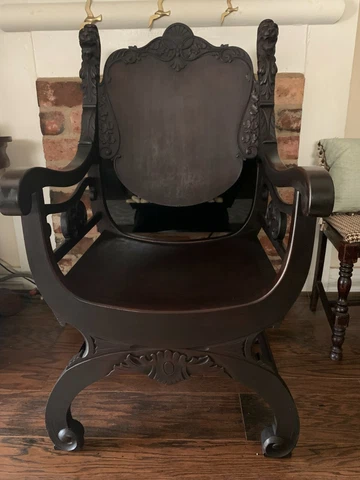 ANTIQUE OAK LION HEAD CARVED SAVONAROLA THRONE CHAIR Cover