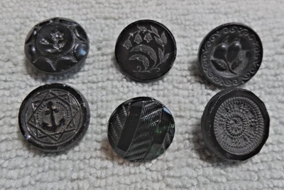 Vintage Antique Black Glass Etched Carved Picture Buttons FRUIT FLOWERS ANCHOR - Image 1 of 4
