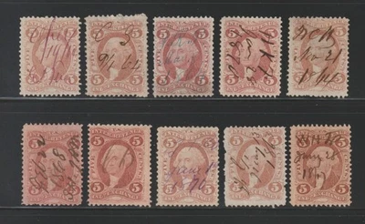 Scott # R27c, Used, 5¢ Inland Exchange, Better Manuscript Cancels, 10 Different - Image 1 of 2